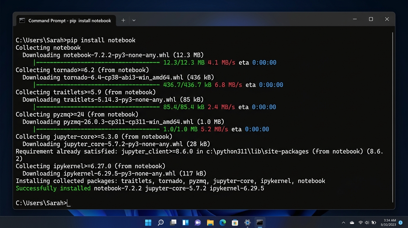 Jupyter Notebook Terminal Pip Installation Screenshot