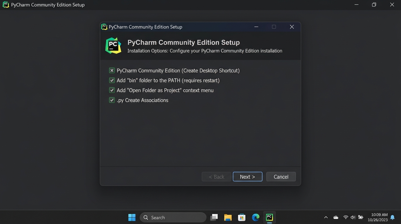PyCharm Community Edition Setup Wizard Installation Options