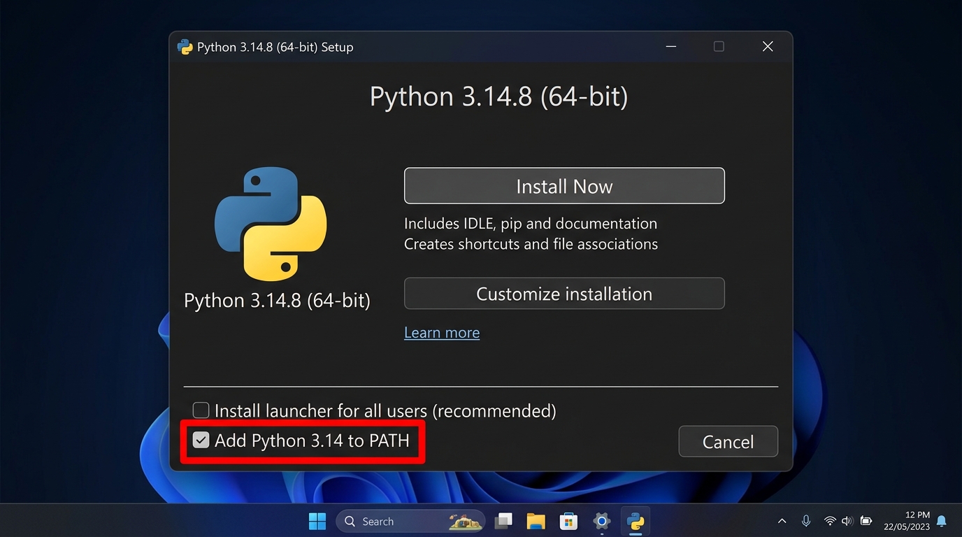 Python 3.14.8 Setup Wizard with PATH checkbox highlighted