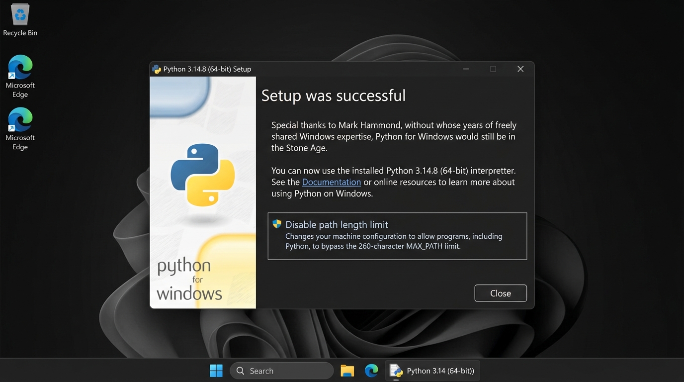 Python 3.14.8 Setup Successful Screenshot