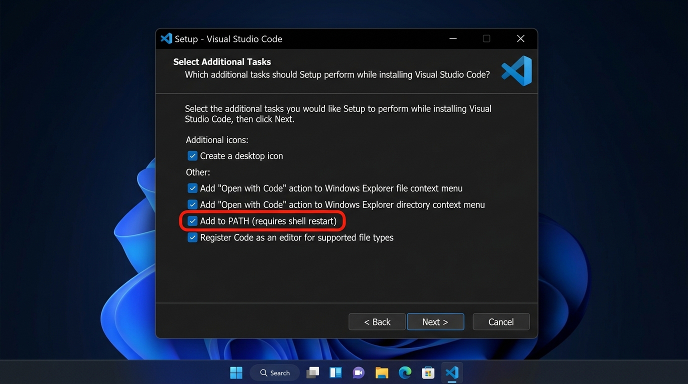 Visual Studio Code Setup Wizard Additional Tasks with Add to PATH highlighted